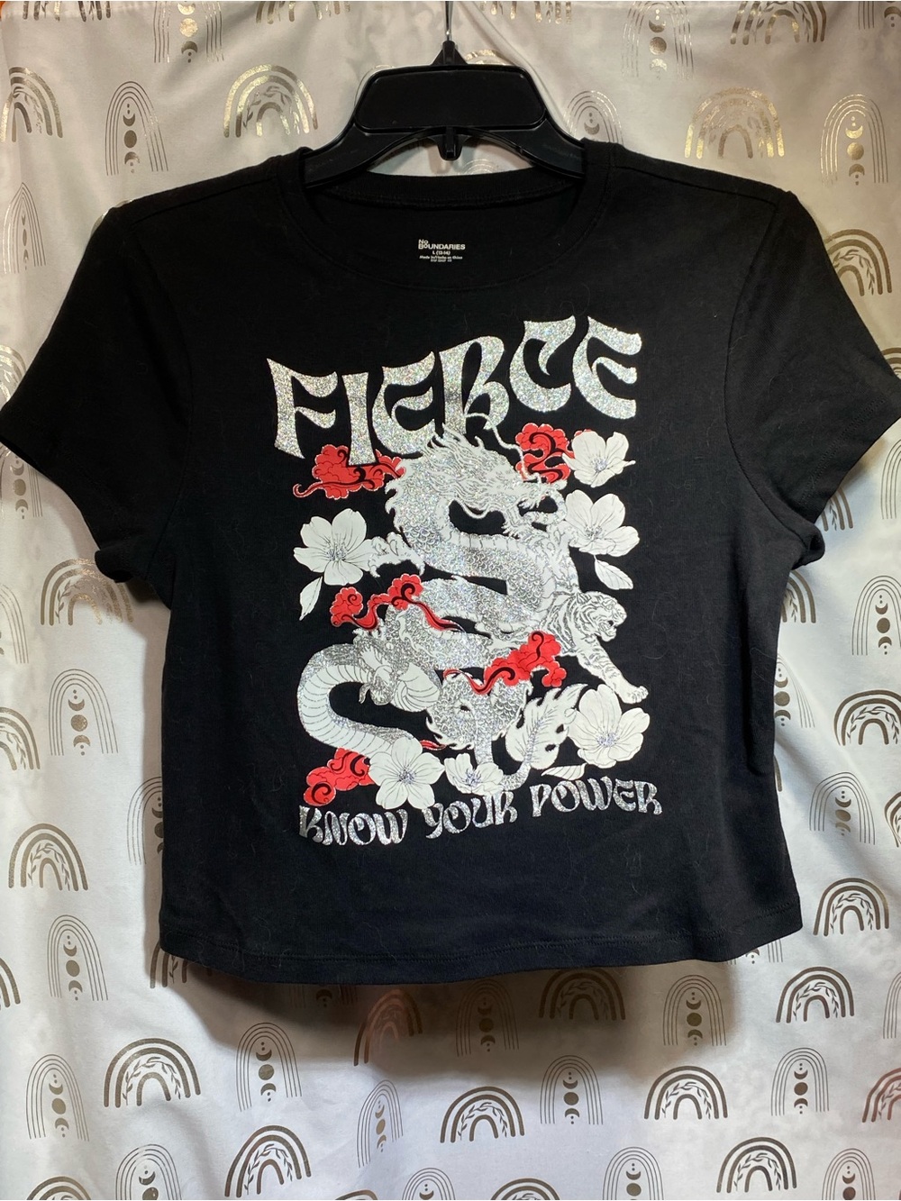 No Boundaries Black Tee with Silver Dragon and Red Floral Accents